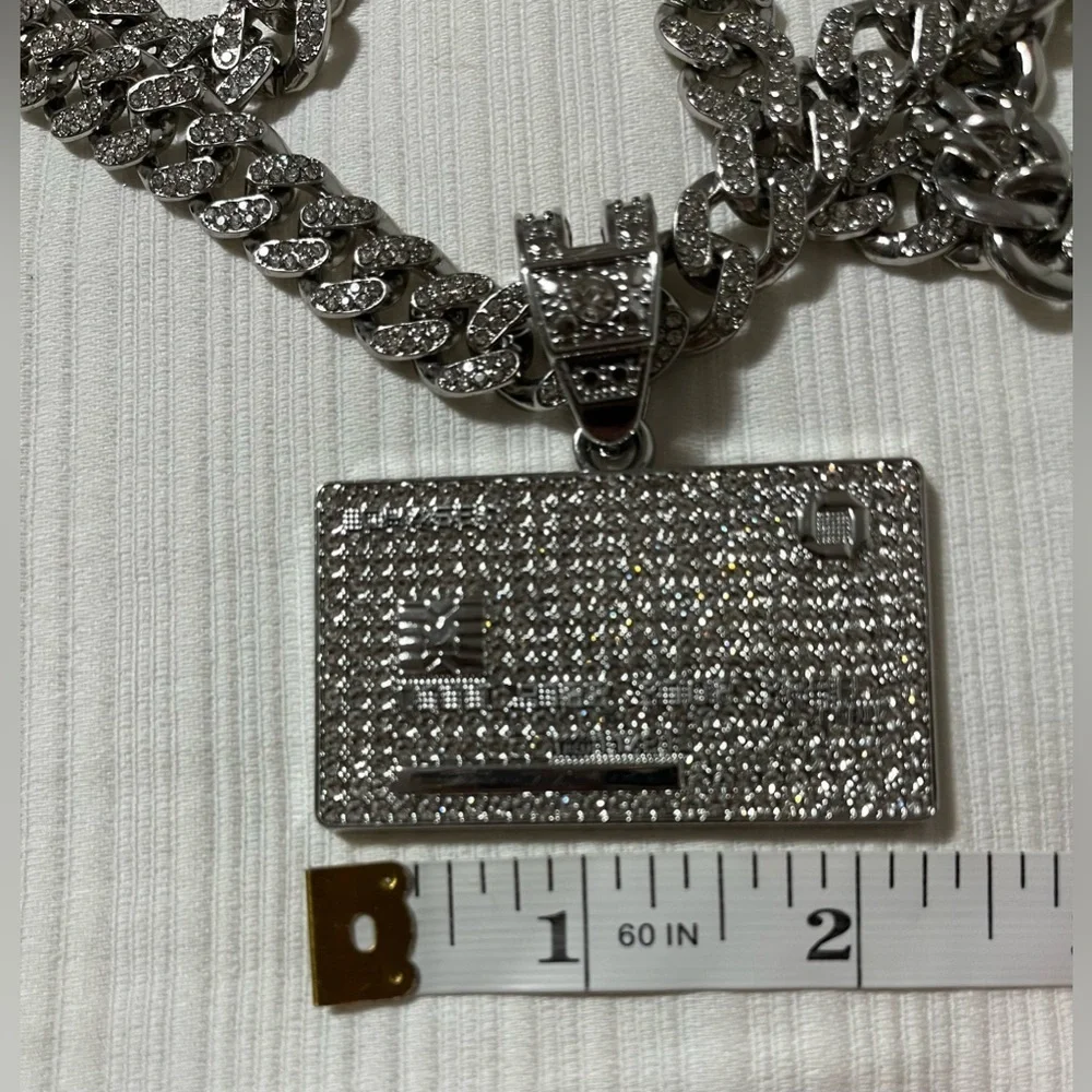 Iced Out Credit Card Pendant & Heavy Cuban Link Chain Necklace - Silver Tone